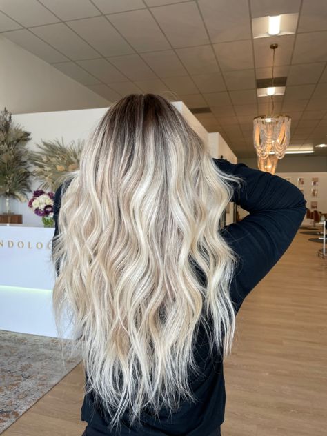 Balayage Hair Blonde Extensions, Blonde With Blended Dark Roots, Beach Blonde Ombre, Rooty Blonde Hair Balayage, Blonde Balayage With Root Shadow, All Over Blonde Hair Color With Shadow Root, Blonde On Dark Roots, Bleached And Toned Hair, Blonde Hair W Dark Roots