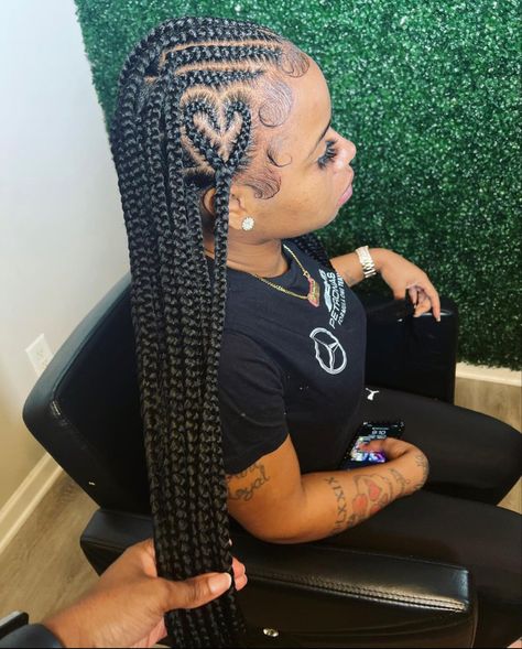 Braids For Black Women With Heart, Criss Cross Knotless Braids With Heart, Braid Birthday Hairstyles For Black Women, Braids Going Back With Weave, East Cute Braided Hairstyles, Hearts Hairstyles Braids, Corn Row Braids With Heart, Braid Going Back, Braids Going Back With Heart