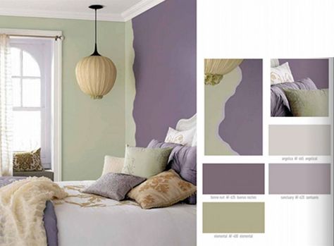 sage, grey, purple Purple Bedroom Color Scheme, Purple And Green Bedroom, Colour Combinations Interior, Color Palette Interior Design, Beautiful Bedroom Colors, Interior Paint Colors Schemes, Color Schemes Design, Choosing Paint Colours, Purple Color Schemes