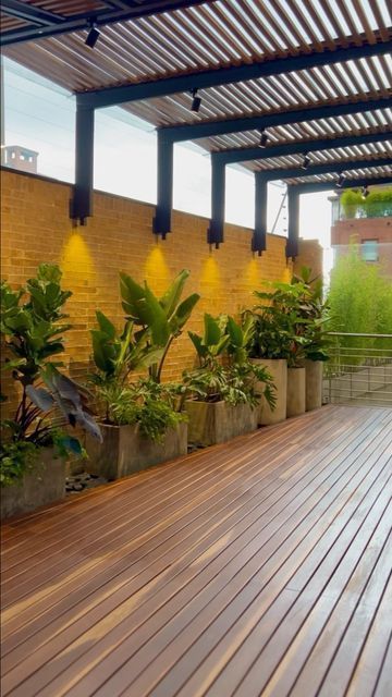 Outdoor Wooden Patio Ideas, Outside Terrace Ideas, Deck Wall Ideas, Patios Ideas Backyard, Patio Backyard Ideas, Rooftop Patio Design, Terrace Decor, Modern Pergola, Outdoor Terrace