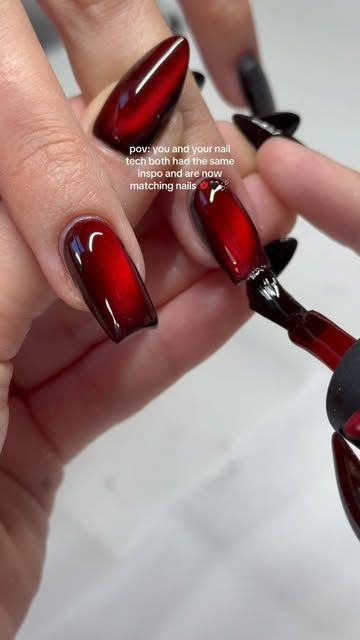 @nailzzbysteph on Instagram: "these red cat-eye nails are HOT and look good on everyone 💋⛓️‍💥🖤 

inspo: @heluviee 🫶🏻

#nails #nailinspo #vampynails #cateyenails #redcateyenails #halloweennails" Red Cat Eye Nails Design, Red Cat Eye Nails, Cherry Red Aesthetic, Vampy Nails, Nails December, Red Cat Eye, Goth Nails, Eye Nails, Red Tigers Eye