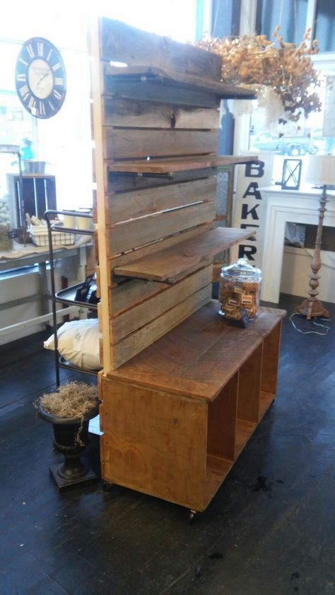 Rolling slat wall apothacary cabinet @vintagecottage5 Vendor Booth Display Walls, Slat Wall Display Retail, Boutique Slat Wall Ideas, Retail Slat Wall Ideas Display, Antique Booth Wall Ideas, Pallet Display Ideas Retail, Consignment Shop Ideas, Booth Walls, Boutique Store Displays