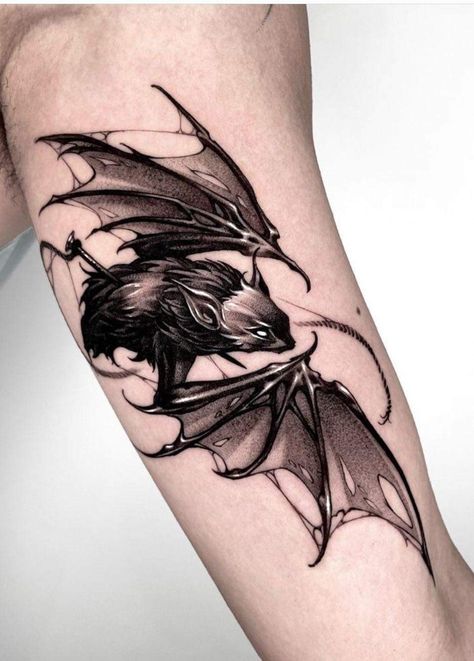 Bat Swarm Tattoo, Bat Tattoo On Arm, Bat Tattoo On Leg, Goblin Tattoo Designs, Dark Animal Tattoos, Goth Bat Tattoo, Bat Tattoo Arm, Flying Bat Tattoo, Scary Tattoo Designs