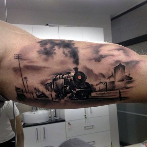 Steam locomotive tattoo Steam Train Tattoo, Train Tattoos, Train Tattoo, German Shepherd Puppies Training, Men Masculine, Train Illustration, All Black Tattoos, Locomotive Train, Biker Tattoos