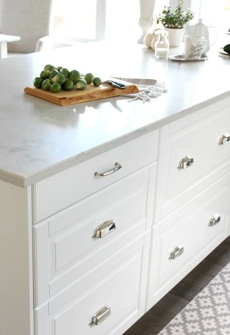 Ikea Bodbyn Kitchen, Ikea Bodbyn, White Ikea Kitchen, White Kitchen Renovation, Marble Kitchen Island, Kitchen Ikea, Ikea Kitchen Island, Diy Kitchen Projects, Classic White Kitchen