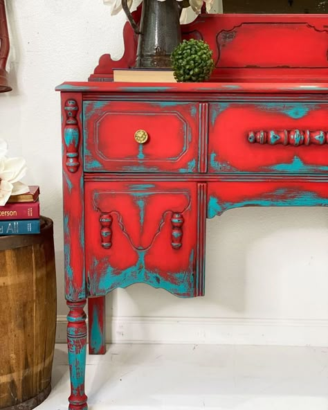 ♥️ Southwest Furniture Painted, Funky Painted Furniture Diy Storage Cabinets, Funky Painted Shelves, Whimsical Furniture Painting Ideas, Funky Painted Furniture Bohemian, Red Painted Furniture Ideas, Painted Furniture Ideas Colors, Brightly Painted Furniture, Refurbished Furniture Ideas