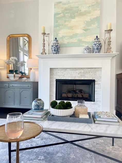 Grandmillennial Fireplace, Grand Millenial Fireplace, Grandmillenial Fireplace Decor, Grand Millennial Living Room, Grand Millenial, Fireplace Redo, Grand Millennial, Living Room Redo, White Kitchen Design