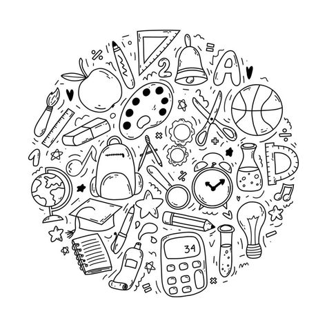 Set of doodle elements associated with school and knowledge in a circle. Back to school concept. School supplies as globe, ruler, backpack, pen, paints. Art Supplies Drawing Doodles, Doodle Elements, School Concept, School Illustration, A Circle, Doodle Drawings, Art Plastique, Ruler, School Supplies