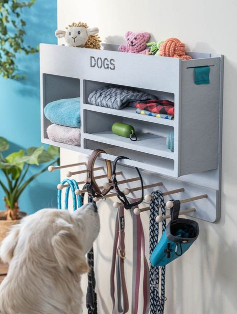 Kept as simple as possible, this INEXTERIOR dog wardrobe offers extra space for leashes, collars and toys. The large shelf with additional compartments offers plenty of storage space for toys and other utensils. The poop bag dispenser keeps poop bags always within reach. Simple designs paired with high functionality and plenty of space make the dog wardrobes a must-have accessory for all dog owners. * DESIGN: The INEXTERIOR Deluxe dog coat rack impresses with its classic design and high function Dog Wardrobe, Dog Supplies Organization, Pet Store Ideas, Dog Den, Gear Room, Cleaning Supply Storage, Dog Storage, Dog Organization, Large Shelf