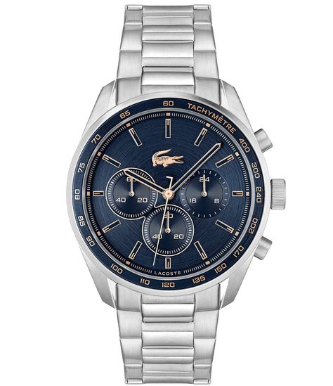 From Lacoste, this men's watch features: Stainless steel bracelet and caseBlue circular-brushed dialLink/clasp closureQuartz chronograph movementCase size approx. 42 mmWater Resistance: 5 ATMImported. #watches #watchesofinstagram #WatchEssentials #watchesofig #watchesoftheday #watchesforsale #watchesph #watcheswithpatina #watchesformen #watchesdaily #watchesforhim #watchesforher #watcheslover #watchesoninstagram #watchesmania #watchesofinsta Mens Watches Blue Face, Lacoste Watches Men, Silver Watches For Men, Men’s Watch, Silver Watch Men, Zodiac Watch, Lacoste Watch, Nautica Watch, Mens Watches Classy