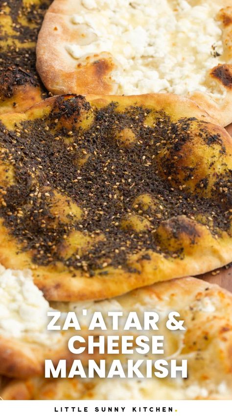 Experience the heart of the Middle East with this flavorful Manakish recipe! With its fragrant Zaatar or salty cheese toppings, this flatbread is perfect for your breakfast or lunch. Manakesh Cheese, Lebnah Recipes, Manakeesh Dough, Manaeesh Recipe, Manousheh Recipe, Zaatar Manakish, Zaatar Flatbread, Manakish Recipe, Manakeesh Recipe