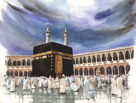 Makkah Watercolor Painting, Khana Kaaba Painting, Kaba Painting On Canvas, Khana Kaba Painting On Canvas, Khana Kaba Painting, Kaba Art, Kaba Drawing, Makkah Art, Makkah Painting