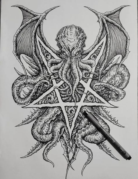 Cthulhu Art Illustration, Lovecraftian Horror Tattoo, Cthulhu Drawing, Necronomicon Tattoo, Eldritch Tattoo, Cthulhu Tattoo, Cthulhu Art, Lovecraft Cthulhu, Color Pencil Sketch