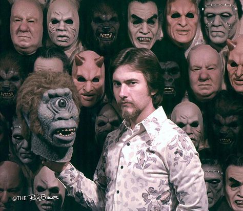 Rick Baker posing with his short-lived line of mass-produced masks. Rick Baker, Horror Mask, Body Ideas, Horror Masks, Effects Makeup, Best Makeup Artist, Famous Monsters, Special Effects Makeup, Sfx Makeup