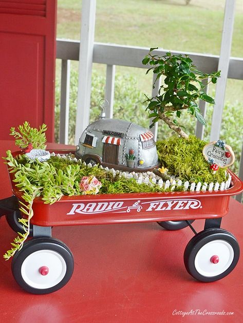 Wagon Ideas, Indoor Fairy Gardens, Fairies Garden, Fairy Garden Designs, Fairy Furniture, Mini Gardens, Red Wagon, Fairy Garden Decor, Fairy Garden Houses