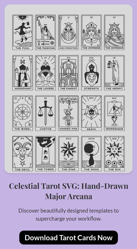 Hand-drawn Major Arcana tarot cards in celestial style. Perfect for crafting projects. Tarot Symbols Meaning, Tarot Cards Drawing, Tarot Cards Printable, Tarot Svg, Vintage Tarot, Tarot Major Arcana, Major Arcana, The Empress, Tarot Cards