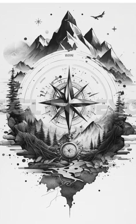 Map Back Tattoo, Broken Compass Design, Upper Arm Tattoo Men Half Sleeves Design, Geology Tattoo, Compass Tattoo Drawing, Tattoos For Men Unique, Mountain Sleeve Tattoo, Polka Tattoo Designs, Wilderness Tattoo