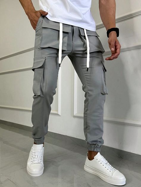 Men's Multi-Pocket Decorated Cargo Pants, Fashionable Tapered Joggers Dark Grey Street   Woven Fabric Plain Cargo Pants,Jogger Non-Stretch  Men Clothing, size features are:Bust: ,Length: ,Sleeve Length: Man's Overcoat, Grey Street, Pants Jogger, Tapered Joggers, Sleeveless Tops Summer, Women Diy, Boho Women, Inspiration Mode