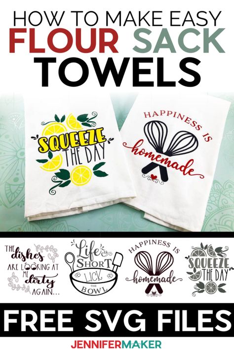 Create the cutest Flour Sack Towels with my step by step tutorial and free SVG files. These are great to personalize your kitchen or give them as a wonderful and fun gift! Kitchen Towel Sayings, Cricut Towels, Flour Sack Towels Crafts, Kitchen Gift Baskets, Easy Gift Ideas, Cricut Heat Transfer Vinyl, Cricut Accessories, Cricut Business, Jennifer Maker