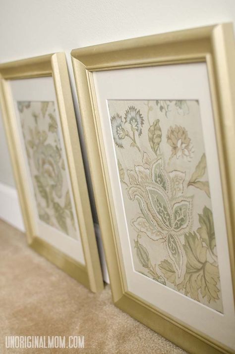 Use cloth napkins and secondhand frames to create inexpensive wall art - perfect for staging a house to sell! | unOriginalMom.com Homemade Wall Art Fabric, Cloth Frame, How To Frame Fabric, Framing Fabric, How To Frame Fabric Wall Art, Frame Textiles, Framed Vintage Linens, Dyi Wall Decor, Block Printing Fabric Using Frame