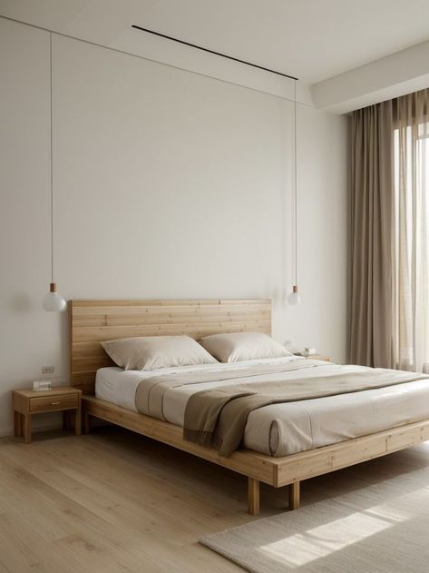 Korean Wooden Bed, Wooden Bedframe Aesthetic, Bedroom Low Bed, Light Wood Bed Frame, Korean Bedroom Aesthetic, Korean Bed, Minimal Bed Frame, Bedroom Airbnb, Minimal Bed