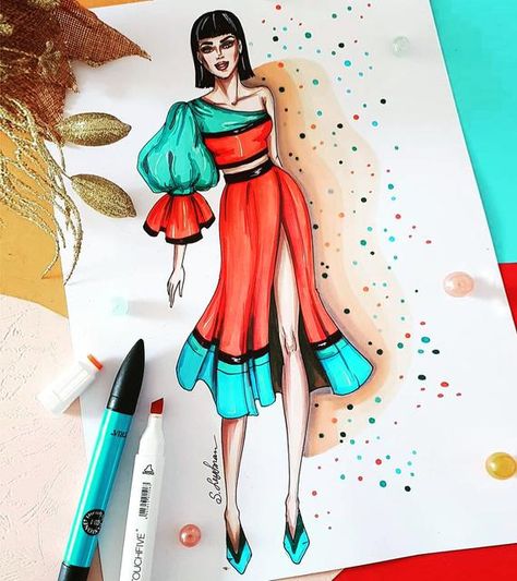 Fashion illustration of woman in orange asymmetric dress, Digital file Fashion Illustration Tutorial, Dress Illustration, Fashion Drawing Tutorial, Dress Design Drawing, Fashion Illustration Sketches Dresses, Fashion Design Sketchbook, Fashion Design Collection, Fashion Sketches Dresses, Living Coral