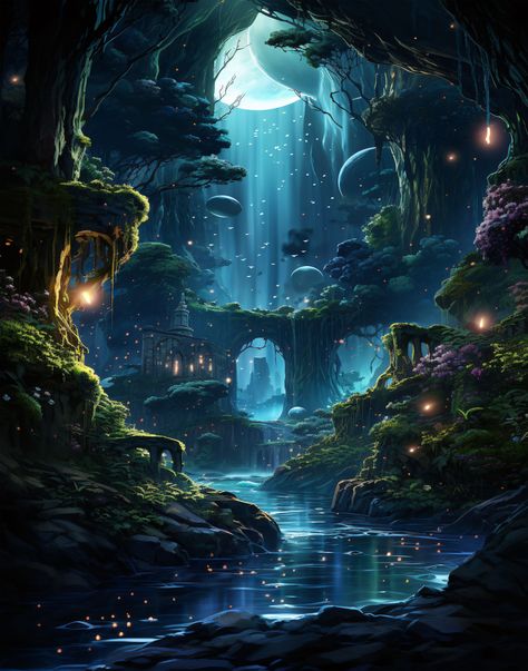 Nature Magic Art, Mysterious Scenery, Starry Night Forest, Dark Starry Night, Fire Flies, Majestic Forest, Moon Forest, Fantasy Scenery, Forest Wall Decor