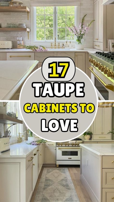 Kitchens With Taupe Cabinets, Kitchen Backsplash Ideas With Almond Cabinets, Taupe Kitchen Cabinets Benjamin Moore, Taupe Cabinets White Countertops, Light Taupe Kitchen Cabinets Black Countertops, Egg Shell Cabinets Kitchen, Tall Kitchen Cabinets Ideas Layout, Kitchens With Tan Cabinets, Medallion Cabinets Kitchen