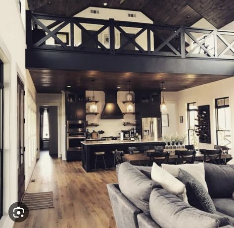 Black Barndominium Interior, Loft Above Kitchen, Barndominium With Loft, Dream Barndominium, Barndominium Interior, Barn House Interior, House Flipper, Black Barndominium, Loft House Design