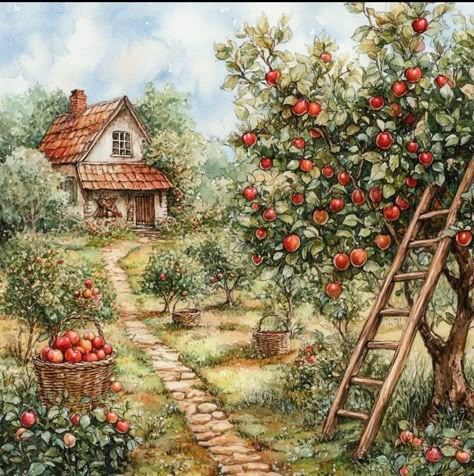 English Countryside Autumn, Fairy Village Drawing, Cottage House Painting, Cottage Core Illustration, Storybook Art Illustrations, Cottage Core Farm, Cottage Illustration, Cottage Core Art, Brambly Hedge