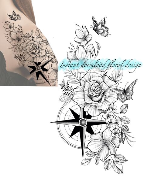 Magnolia Butterfly Tattoo, Floral Tattoo Drawing, Feminine Compass Tattoo, Drawing Rose, Mama Tattoo, Magnolia Tattoo, Compass Tattoo Design, Magnolia Flowers, Floral Drawing