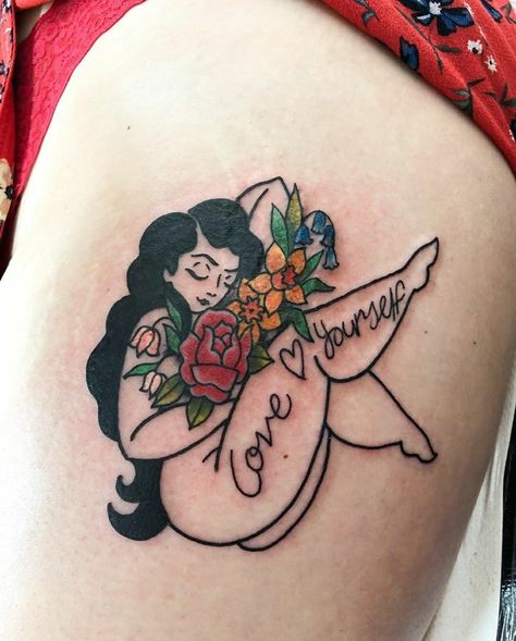 Plus Size Goddess Tattoo, Thick Woman Tattoo, Curvy Goddess Tattoo, Tattoo Of Plus Size Woman, Plus Size Silhouette Tattoo, Cup Of Ambition Tattoo, Hyper Feminine Tattoo, Thick Pinup Tattoo, Chubby Pinup Tattoo