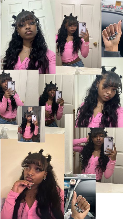 Bantu Knot half up half down 90s Hairstyles For Black Women Half Up Half Down, 2 Ponytails Half Up Half Down Braids, Half Up Half Done Curly Hair, Up And Half Down Hairstyles, Bantu Knot Quick Weave, Band 2 Knots Hairstyles, Half Up Half Down Bun With Bangs, Rubber Band Half Up Half Down, Bantu Knots Hairstyle