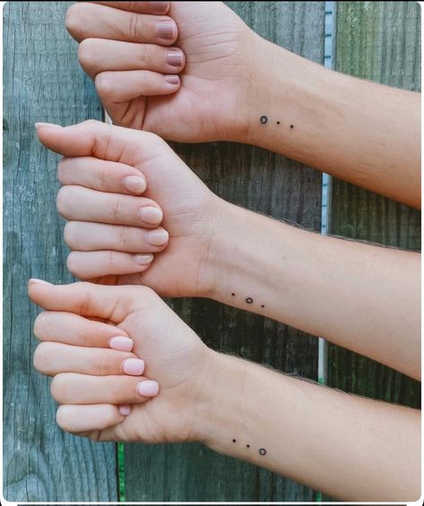 Ankle Tattoos For Sisters, Sister Tattoos For Three Sisters, Three Way Friendship Tattoos, 6 Friends Tattoo Ideas, Matching 3 Friends Tattoos, Small Tattoos 3 Friends, Sisters Minimalist Tattoo, Dot Friendship Tattoos, Small Tattoos For 3 Sisters