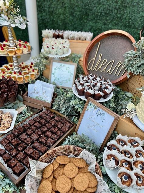 Dessert Bar Wedding Display, Wedding Food Dessert Bar, Rustic Wedding Treat Table, Housewarming Dessert Table, Mini Dessert Grazing Table, Open House Dessert Table, Fun Wedding Dessert Table, Boho Cookie Table, Farmhouse Wedding Dessert Table