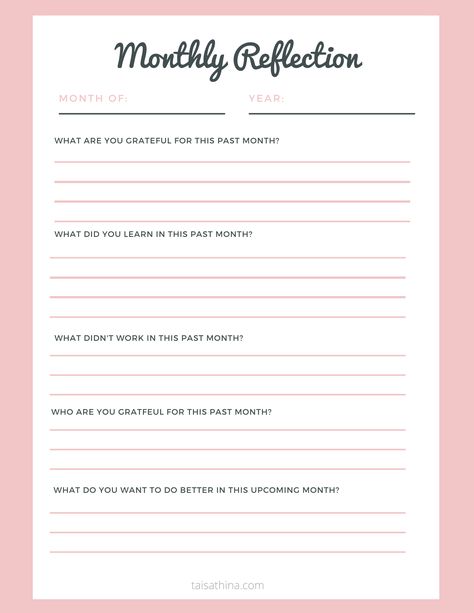 End the month by reflecting and practicing gratitude. Set intentions for the next month Monthly Reflection Bullet Journal, Journal Template Ideas, Reflection Journal Template, Reflection Template, Daily Reflection Journal, Importance Of Self Care, Monthly Reflection, Reflective Journal, Gratitude Journal Prompts