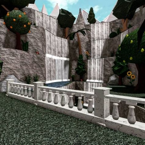 I built this mountain with 4 waterfalls. I'm not sure why I added the snowy mountain tops; I guess I liked it back then - Mountain area with a waterfall in Bloxburg. Bloxburg Waterfall Ideas, Bloxburg Mountain House Layout, Bloxburg Waterfall, Mountain House Bloxburg, Bloxburg Mountain House, Bloxburg Mountain, Bloxburg Wedding, Roblox Builds, Mountain Lake House