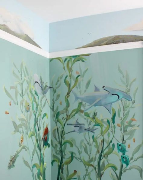 Wall Murals Painted Bedrooms, Shark Mural, Underwater Mural, Underwater Bedroom, Bedrooms Inspiration, Sea Murals, Bathroom Mural, Forest Mural, Kids Room Murals