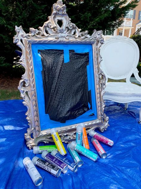 Cover mirror surface and choose your spray paints Spray Paint Frames Diy, Spray Paint Mirror Frame, Paint Mirror Frame, Spray Painted Mirror, Spray Paint Mirror, Spray Paint Frames, Paint Mirror, Painting Mirror Frames, Rainbow Mirror