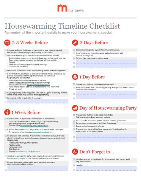 Housewarming Party Timeline Checklist | My Move Food Suggestions, Party Timeline, House Warming Party, House Gift Box, Susan Miller, Housewarming Gift Baskets, Party Checklist, Housewarming Party, Perfect Timing