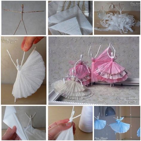 Paper napkin, wire, and glue Ballerinas: click through, then again, for the charmingly translated-from-Russian original post. How To Make Snowflakes, Diy Napkins, Folding Origami, Handmade Paper Crafts, Recycled Crafts, Cute Crafts, How To Make Paper, Paper Napkins, Paper Crafts Diy