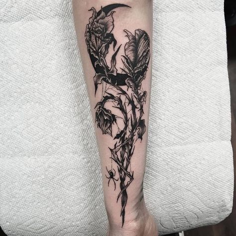 Black Nature Tattoos, Dark Forearm Cover Up Tattoos For Women, Dark Spooky Tattoos, Gothic Mushroom Tattoo, Goth Floral Tattoo, Creepy Floral Tattoo, Gothic Shoulder Tattoo, Dark Floral Tattoo Sleeve, Skeleton And Flowers Tattoo