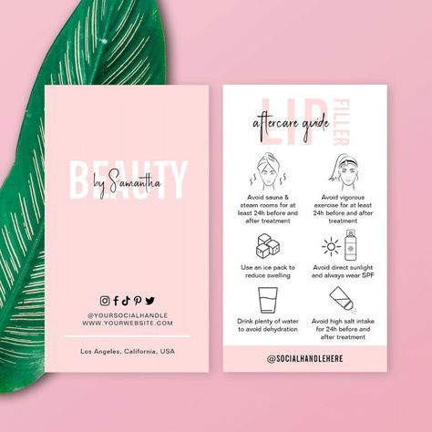 Skincare Business Cards, Facial Aftercare, Filler Aftercare, Esthetician Business Cards, Girl Skincare, Pink Salon, Aesthetics Clinic, Care Instructions Card, Skincare Ideas