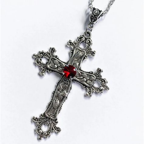 Gothic Punk Dark Ruby Large Cross Pendant Necklace for Women and Men Niche Trendy Personality Silver Grunge Heart, Heart Cross Necklace, Gothic Pendant, Crucifix Necklace, Style Gothic, Gothic Grunge, Couple Necklaces, Party Necklace, Neck Chain