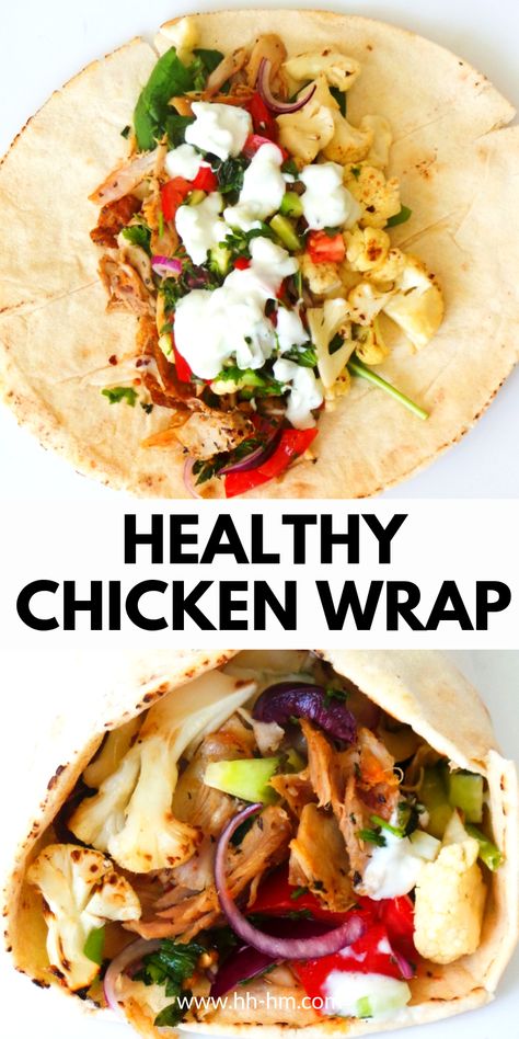 Healthy Greek chicken wrap recipe with cauliflower, garlic sauce and vegetables! This delicious wrap recipe is perfect for lunch or dinner, you can also serve it with rice to make a Greek chicken bowl! Super easy and delicious, using leftover rotisserie chicken! Greek Chicken Wrap, Easy Chicken Wrap, Chicken Wraps Healthy, Wraps Recipes Healthy, Healthy Foods To Make, Chicken Wrap Recipes, Easy Dinner Recipes Crockpot, Chicken Wrap, Clean Eating Recipes For Dinner