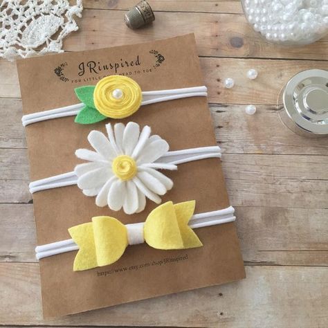 Felt Daisy, Felt Headband Baby, Diy Baby Bows, Felt Hair Accessories, Daisy Yellow, Diy Baby Headbands, Felt Flowers Diy, Felt Headband, Felt Flower Headband