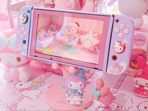 Kawaii Nintendo Switch, Kawaii Nintendo, Kawaii Room Ideas, Soft Kidcore Aesthetic, Kawaii Bedroom, Nintendo Switch Case, Kawaii Games, Video Game Room Design, Cat Moon