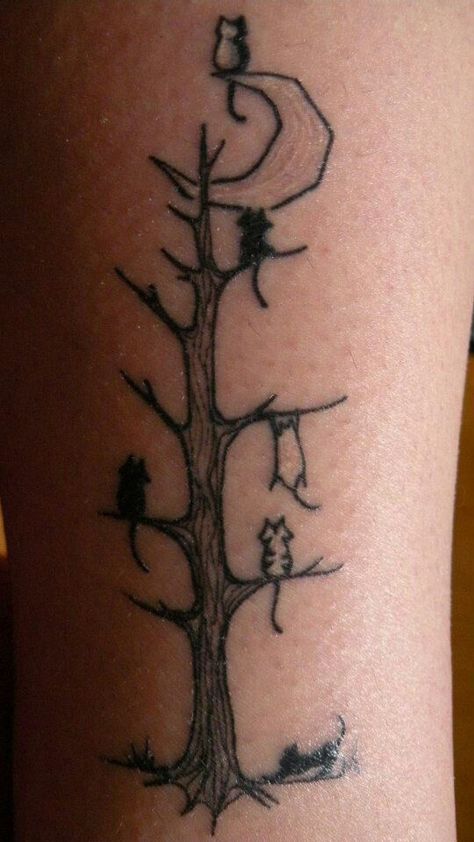 Cat tree Small Tree Tattoo, Cat Silhouette Tattoos, Tree Silhouette Tattoo, Tree Tattoo Arm, Night Tattoo, Pawprint Tattoo, Tree Tattoo Designs, Silhouette Tattoos, Cat Things