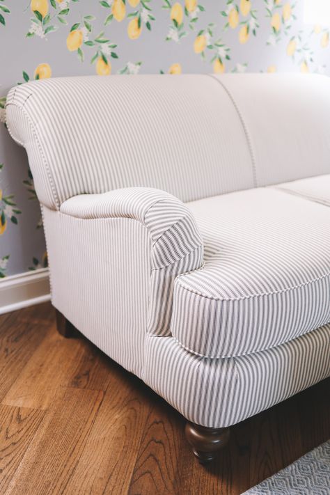 Pinstripe Couch, Striped Loveseat, Pillows On Loveseat, Loveseat In Kitchen, Ticking Stripe Sofa, Striped Sofa Living Rooms, Blue And White Striped Couch, Two Loveseats Living Room, Stripe Couch