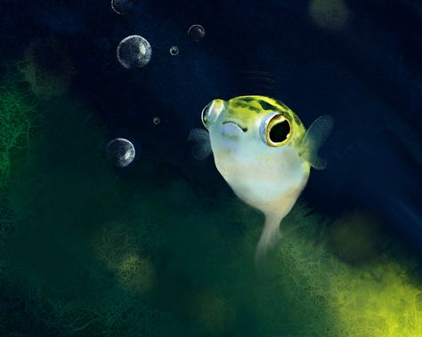 Puffer Fish Aesthetic, Green Spotted Puffer Fish, Sarah Animal, Puffer Fish Cartoon, Puffer Fish Drawing, Puff Fish, Cute Puffer Fish, Goldfish Drawing, Silly Fish